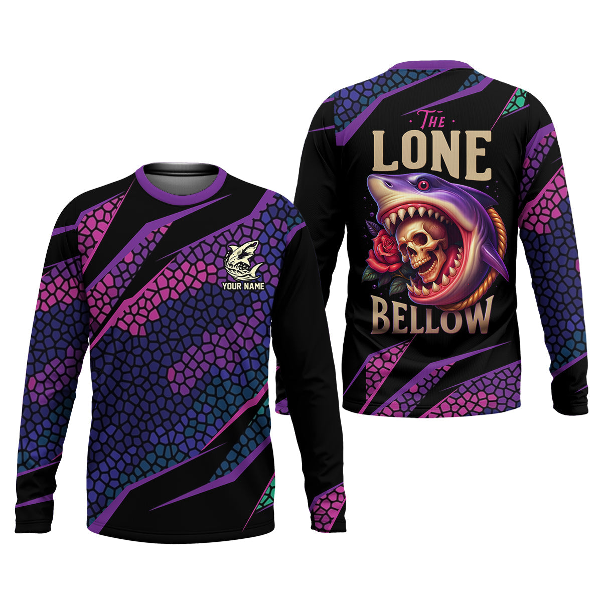 The Lone Below Shark And Skull Purple Fishing Shirt, SPF Shirt For Men, Men's Fishing Shirt
