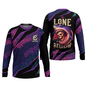 The Lone Below Shark And Skull Purple Fishing Shirt, SPF Shirt For Men, Men's Fishing Shirt