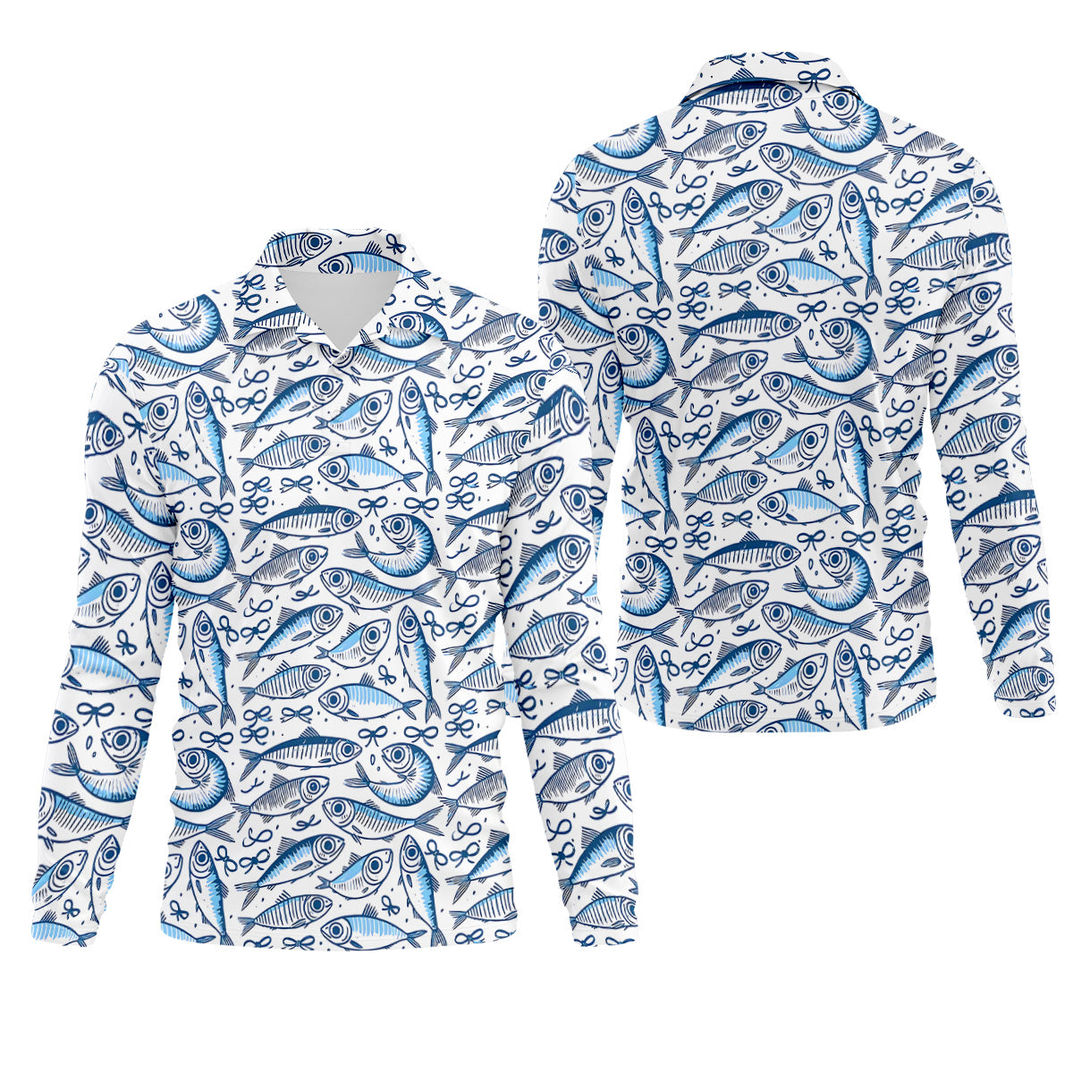 Navy Fish Pattern Fishing UPF Shirts, Men's Fishing Shirts Long Sleeve, Presents For Fishermen
