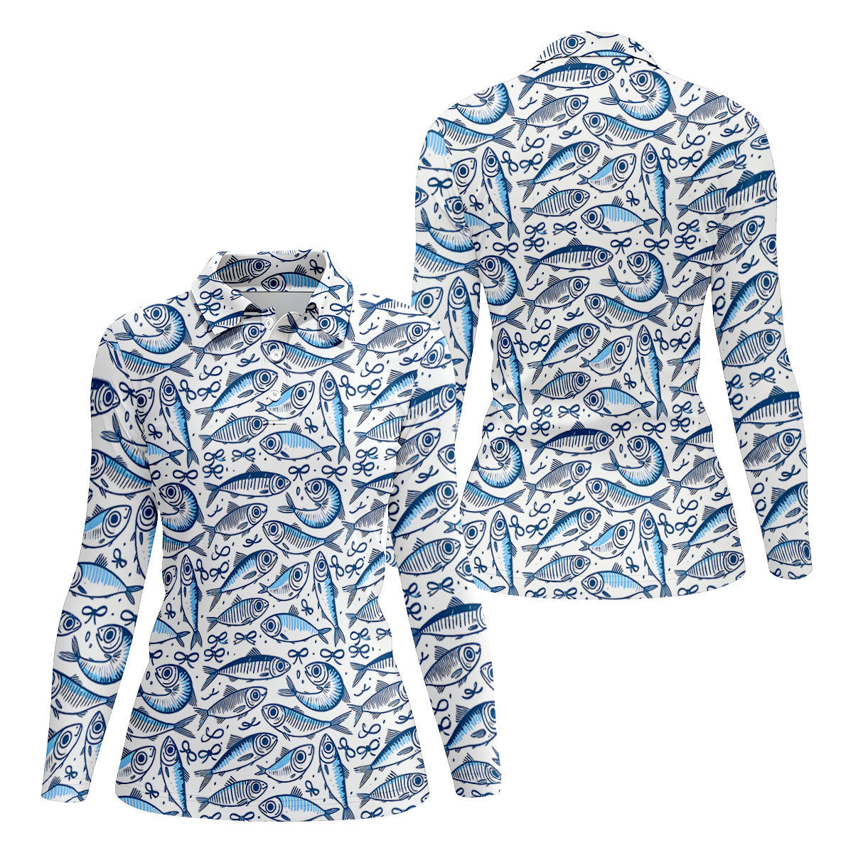 Navy Fish Pattern Fishing UPF Shirts, Female Fishing Shirts, SPF Long Sleeve Shirts Womens